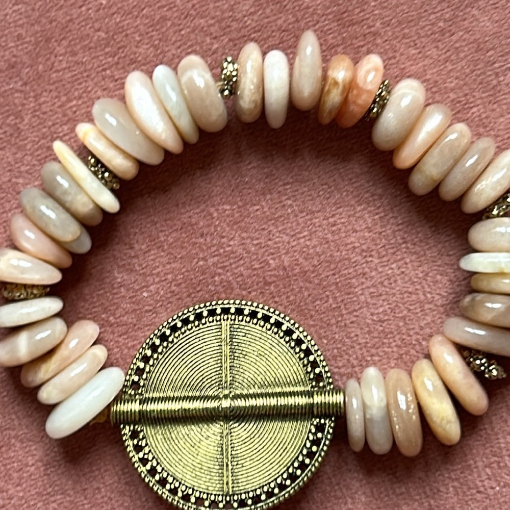 Broken Vintage Pink Opal semi-precious gemstone with brass labyrinth Charm.